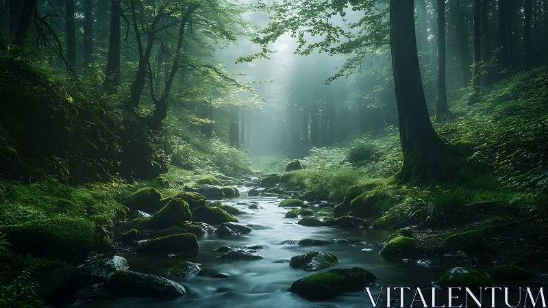 Misty Forest Stream Flowing Through Ancient Woodland