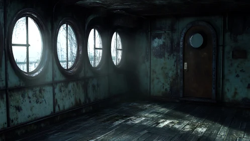 Rusting ship corridor catches cold coastal daylight.