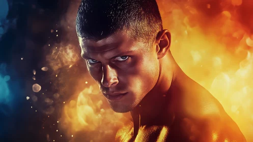 Intense male portrait framed by dramatic fire and smoke.