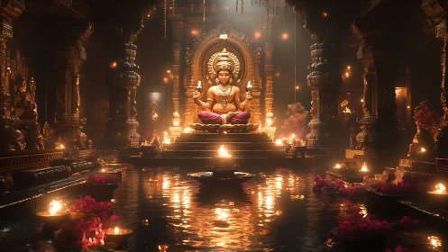 Luminous Hindu temple interior renders Ganesha amid volumetric firelight