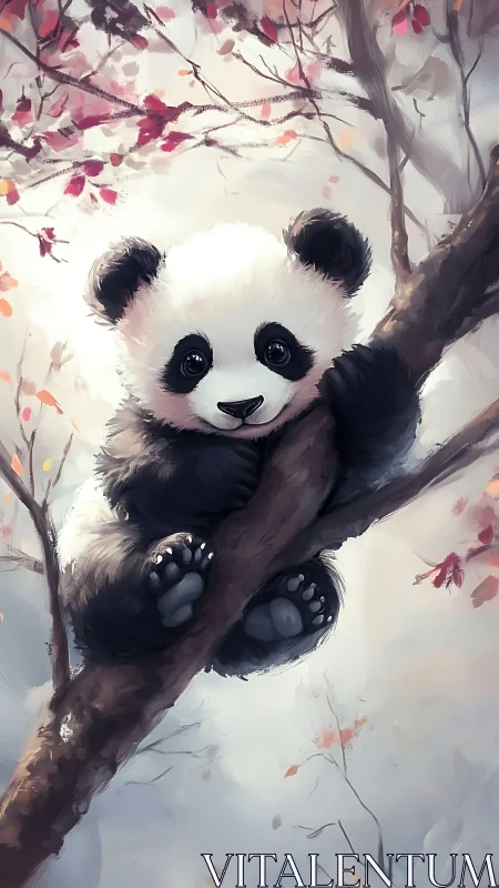 Baby panda resting on tree branch in soft autumn light.