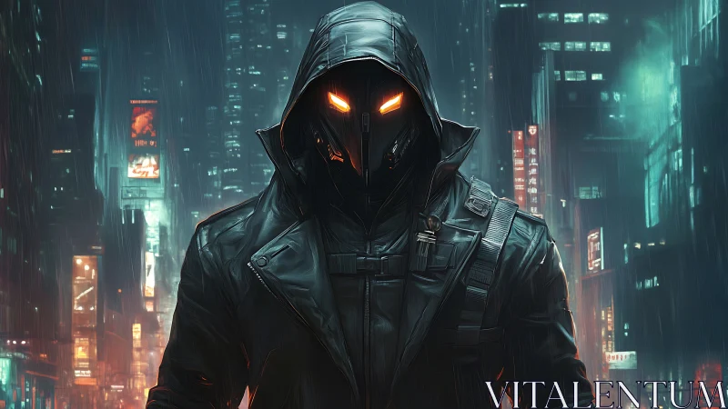 Neon-hooded cyber phantom stalks rain-soaked city canyons.