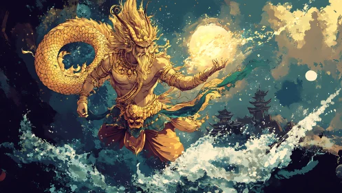 Storm crowned dragon god summons moons above raging seas.