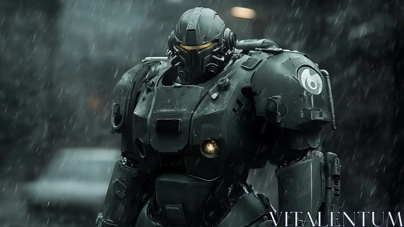Armored bipedal combat exosuit under dynamic rainfall load.