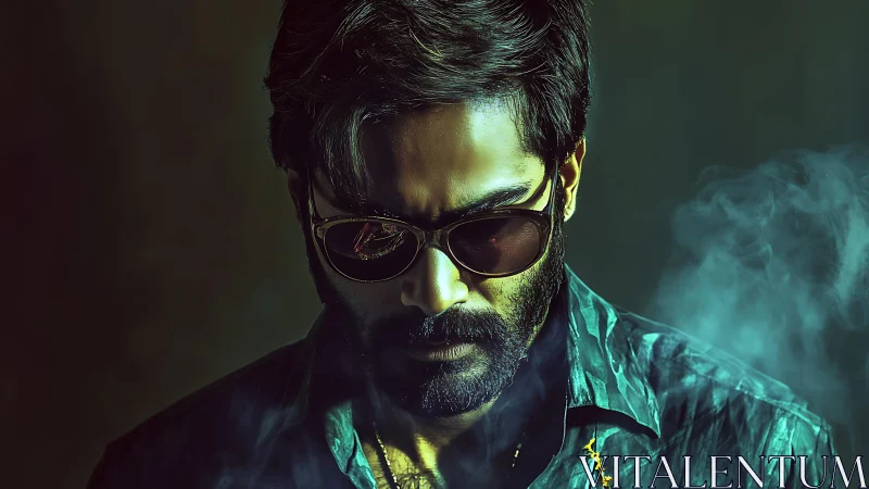 Smoldering stranger sinks into teal shadows and rising smoke