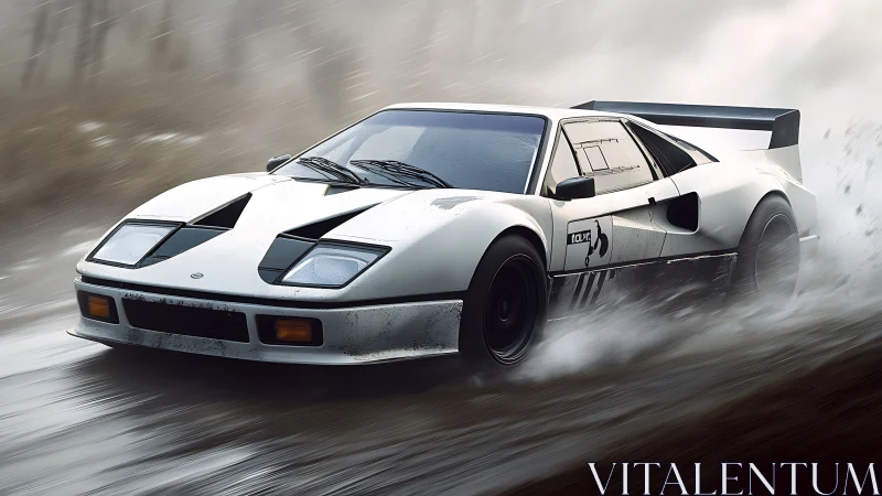 White race car on wet track in dynamic cornering motion.