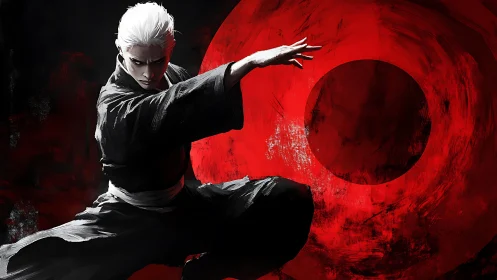 Crimson circle warrior poised in a storm of shadowed light.