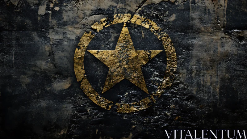 Gold star emblem with circle painted on distressed wall