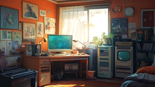 Home computer workspace with retro electronics and window light.