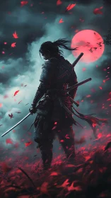 Moon-drenched ronin listens to the storm of falling crimson leaves