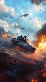 Steel assault tank surging through fiery battlefield skies.