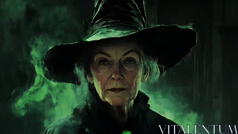 Emerald smoke crowns the elder witch in midnight vigil.