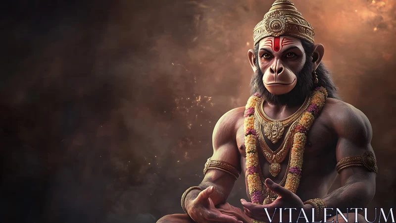 Simian deity figure in ornate ornaments against smoky background.