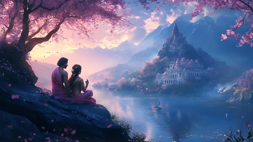 Lovers share a quiet sunrise above a mystical riverside palace