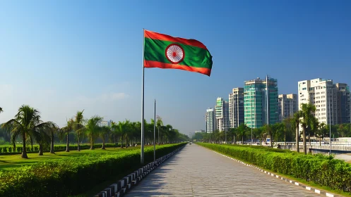 Sun-bright emblem flutters above a crisply ordered greenway