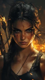 Battle-scarred archer woman amid flames, intense stare.