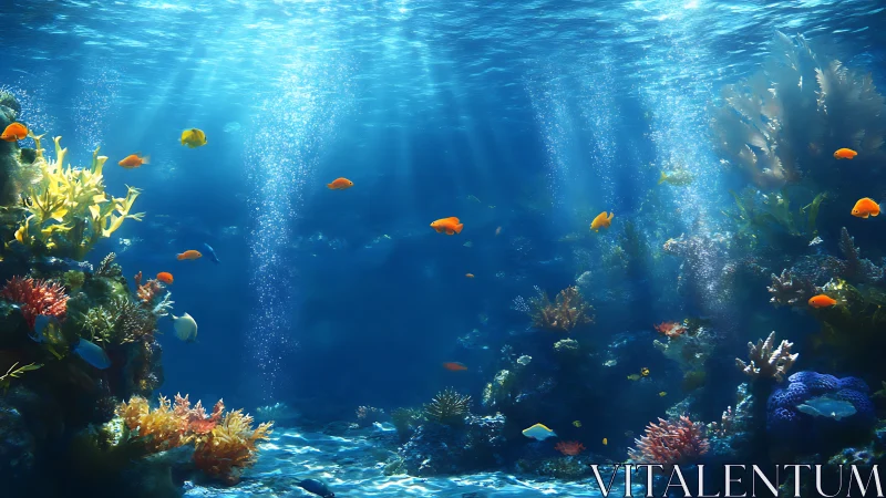 Sunlit reef orchestra shimmers as tiny orange fish wander