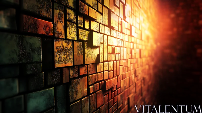 Abstract metallic wall with glowing orange light, digital art style.