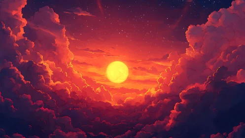 Sunset cradled by glowing clouds in a dreamy skyscape.