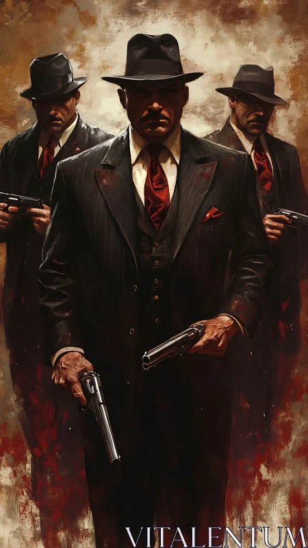 Triadic mafia gunmen advance in chiaroscuro noir composition