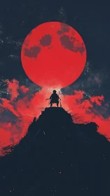 Lone warrior greets a blazing red moon above dark peaks