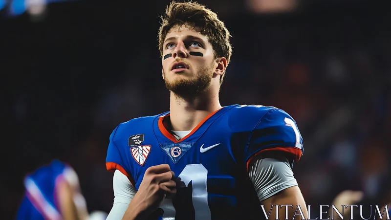 College football player in blue uniform on field at night.