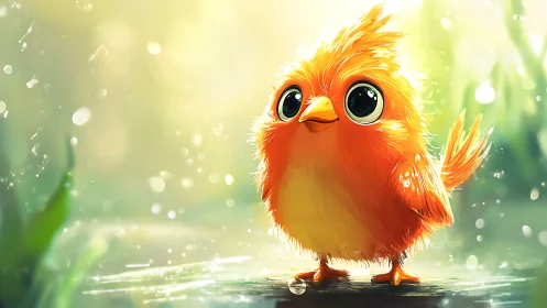 Sunny forest chick with luminous eyes in soft bokeh light.