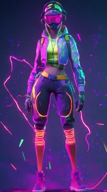 Neon cyber streetwear avatar with emissive trims and volumetric glow