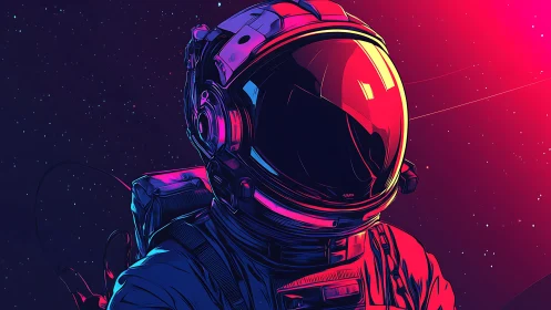 Neon-lit astronaut portrait against deep space background.