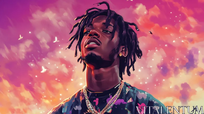 Digital portrait of man under vivid pink sunset sky.