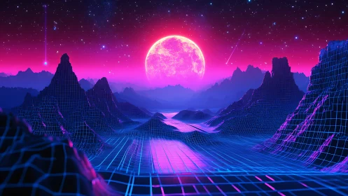 Neon retrofuturist landscape under glowing magenta moon.