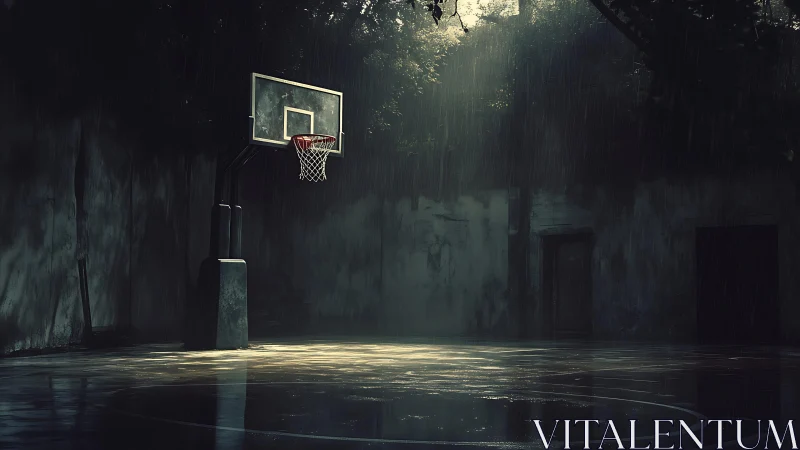 Lonely outdoor basketball hoop under moody summer rain.
