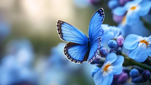 Gentle blue butterfly resting among soft spring blossoms.