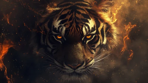 Firelit tiger portrait burns through swirling embers. Period.