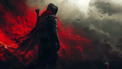 Lone futuristic warrior stands in a storm of blood-red smoke