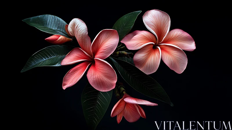 Pink Plumeria Flowers with Green Foliage on Black Background