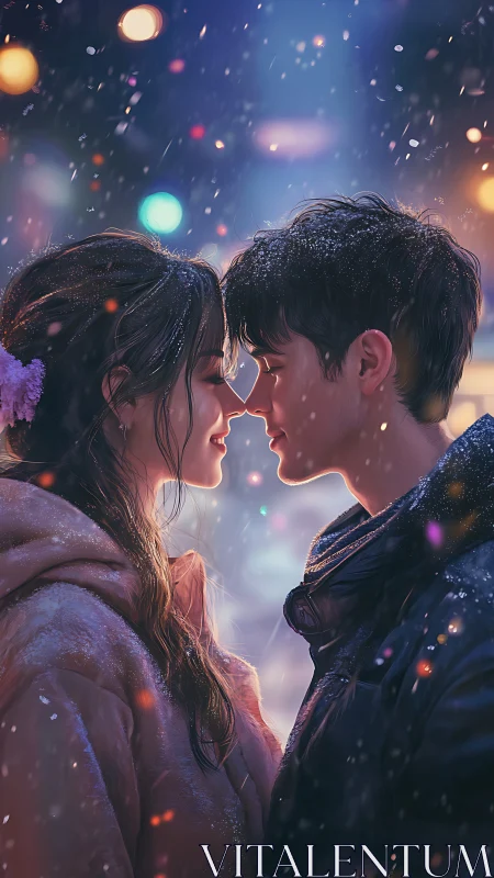 Luminous Collision: Two Souls Meet in Neon Snow.