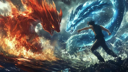 Epic clash between fire beast, water dragon and warrior.