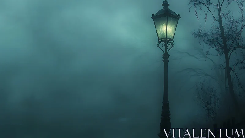 Lonely gas lamp casts soft light through eerie night fog.