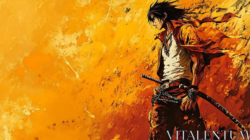 Blade-torn wanderer strides through molten sunset fury.