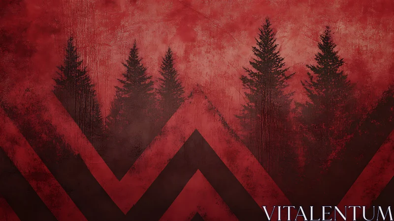 Dark conifer silhouettes on distressed red chevron ground