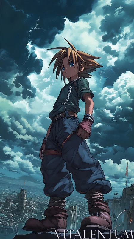 Heroic anime cityscape with storm-lit dynamic low angle framing.