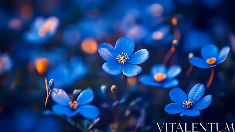 Blue wildflower closeup with dreamy bokeh glow background.