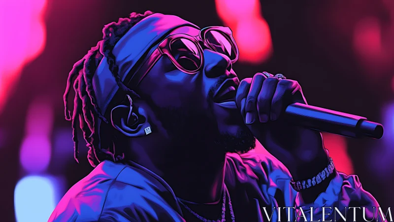 Neon-lit rapper lost in the glow of a midnight performance.