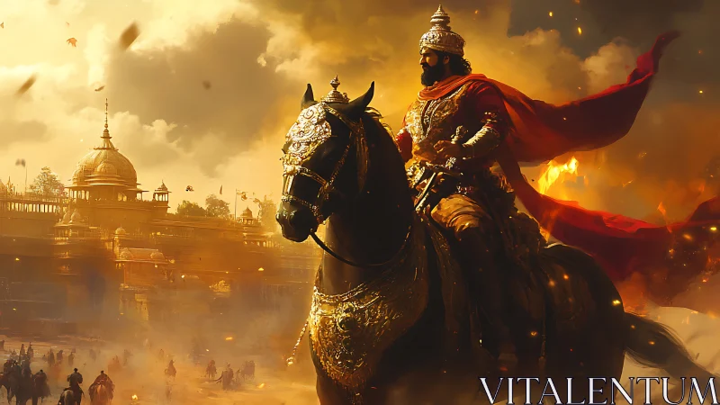 Armored rider on horse passes burning fortress complex