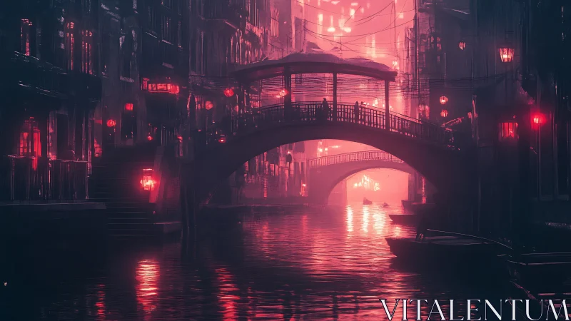 Neon-lit canal bridge in misty cyberpunk waterfront district.