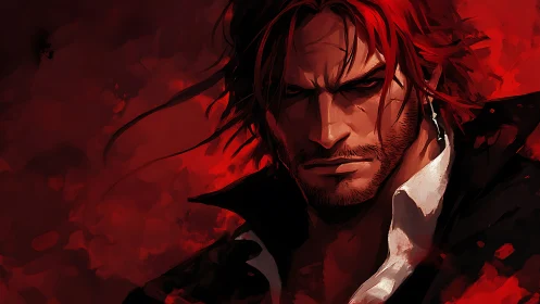 Red haired male figure in intense red digital portrait.