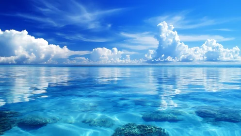 Calm tropical ocean under vivid blue sky and clouds.