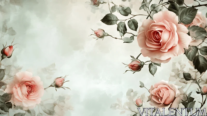Pink Roses with Buds Against Neutral Background