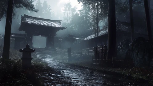 Rain-soaked temple gate in misty forest at night scene.